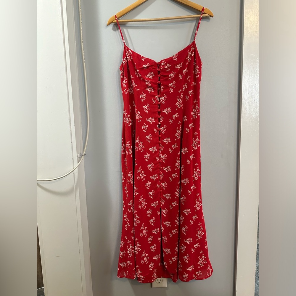 Reformation Button Front Floral Midi Dress, Size 10, Red White